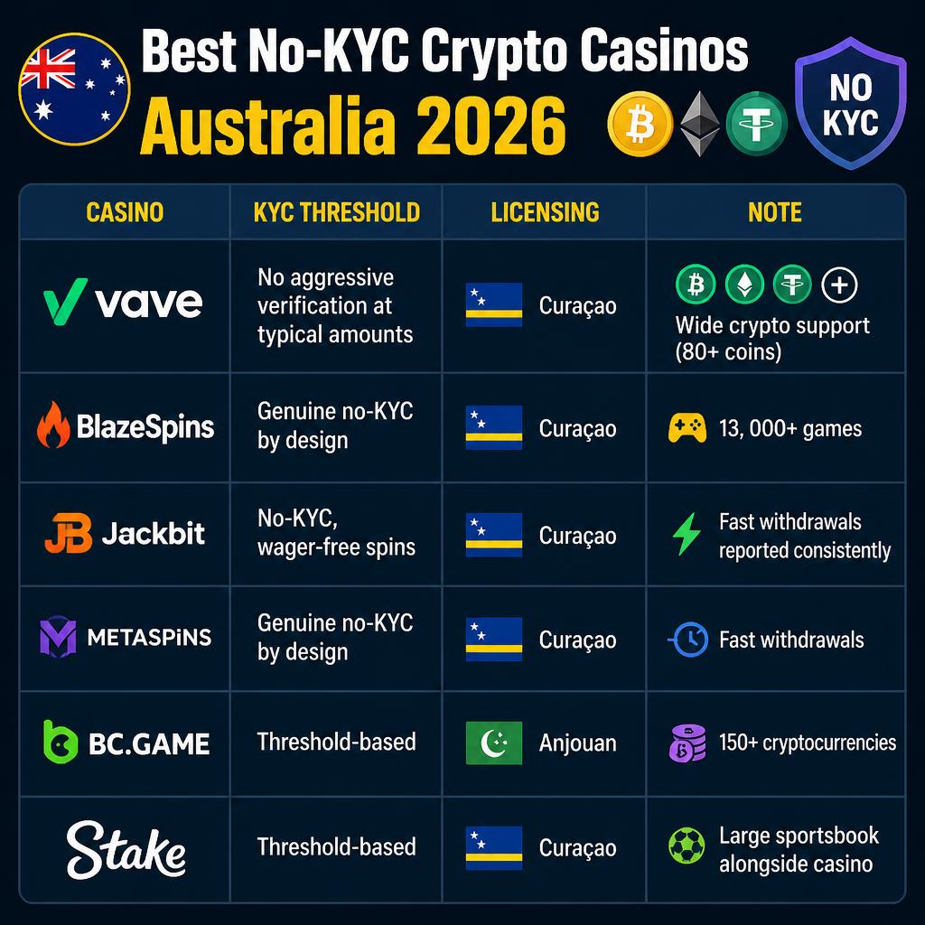 Best No-KYC Crypto Casinos Australia 2026 no kyc crypto casinos australia 2026